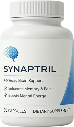A white Synaptril bottle: SYNAPTRIL under a blue dotted brain mark, Advanced Brain Support, Enhances Memory and Focus, Boosts Mental Energy, 30 capsules