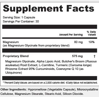 The Synaptril Supplement Facts panel: serving size 1 capsule, 30 servings, magnesium 80 mg 19%, proprietary blend 575 mg and other ingredients