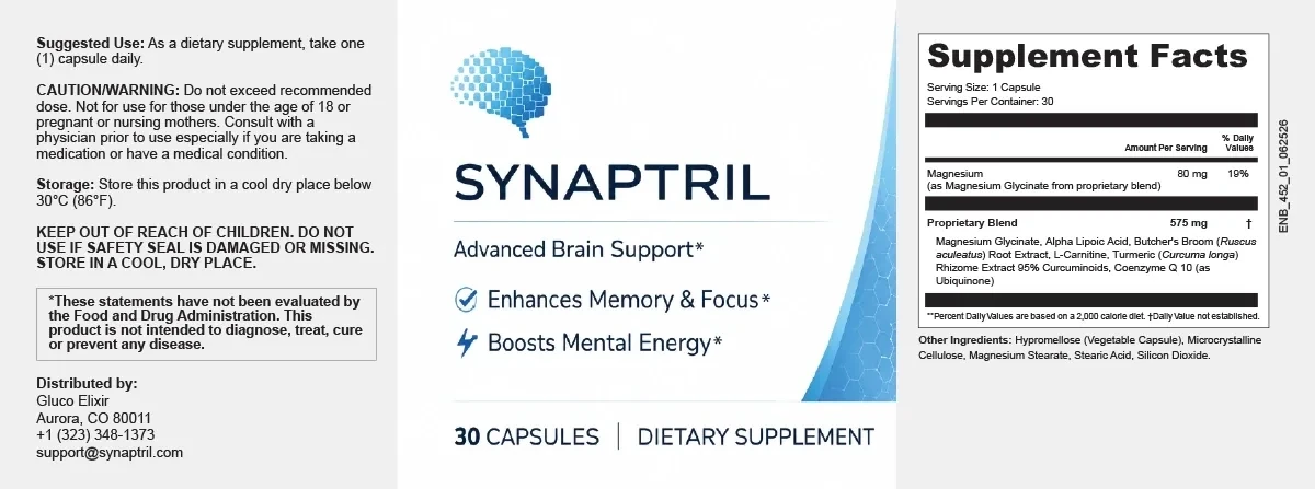 The flat Synaptril label: suggested use, caution, storage and distributor on the left; SYNAPTRIL and three claims in the middle; Supplement Facts on the right
